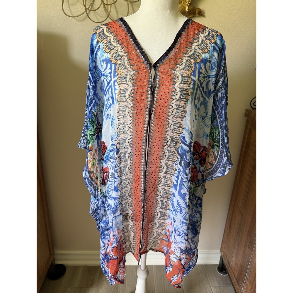 Soft Surroundings Embellished Kimono Caftan One Size Blue Coral Floral Boho